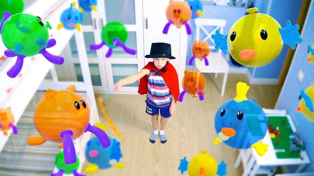 Erik and Gleb play with inflatable Toys.