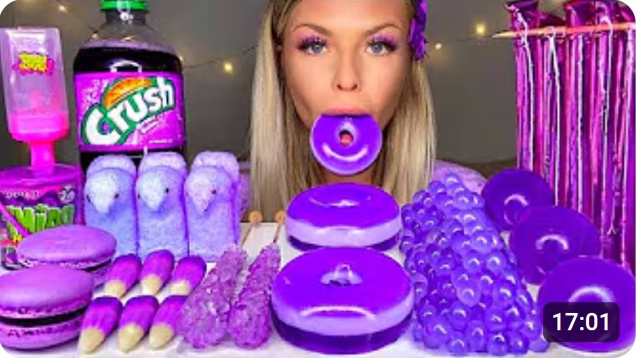 ASMR ПОНЧИК С ФИОЛЕТОВЫМ ЖЕЛЕ, ГЛАЗКИ, СЛАДКАЯ КУКУРУЗА, ХЛОПАЮЩИЙ БОБА, КАРАМЕЛЬ, МУКБАНГ АСМР
