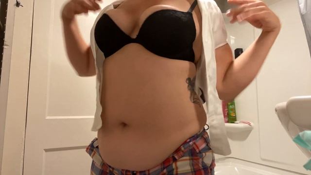 My fat belly jiggling while trying on old clothes. I love the way my chubby overhang looks in short